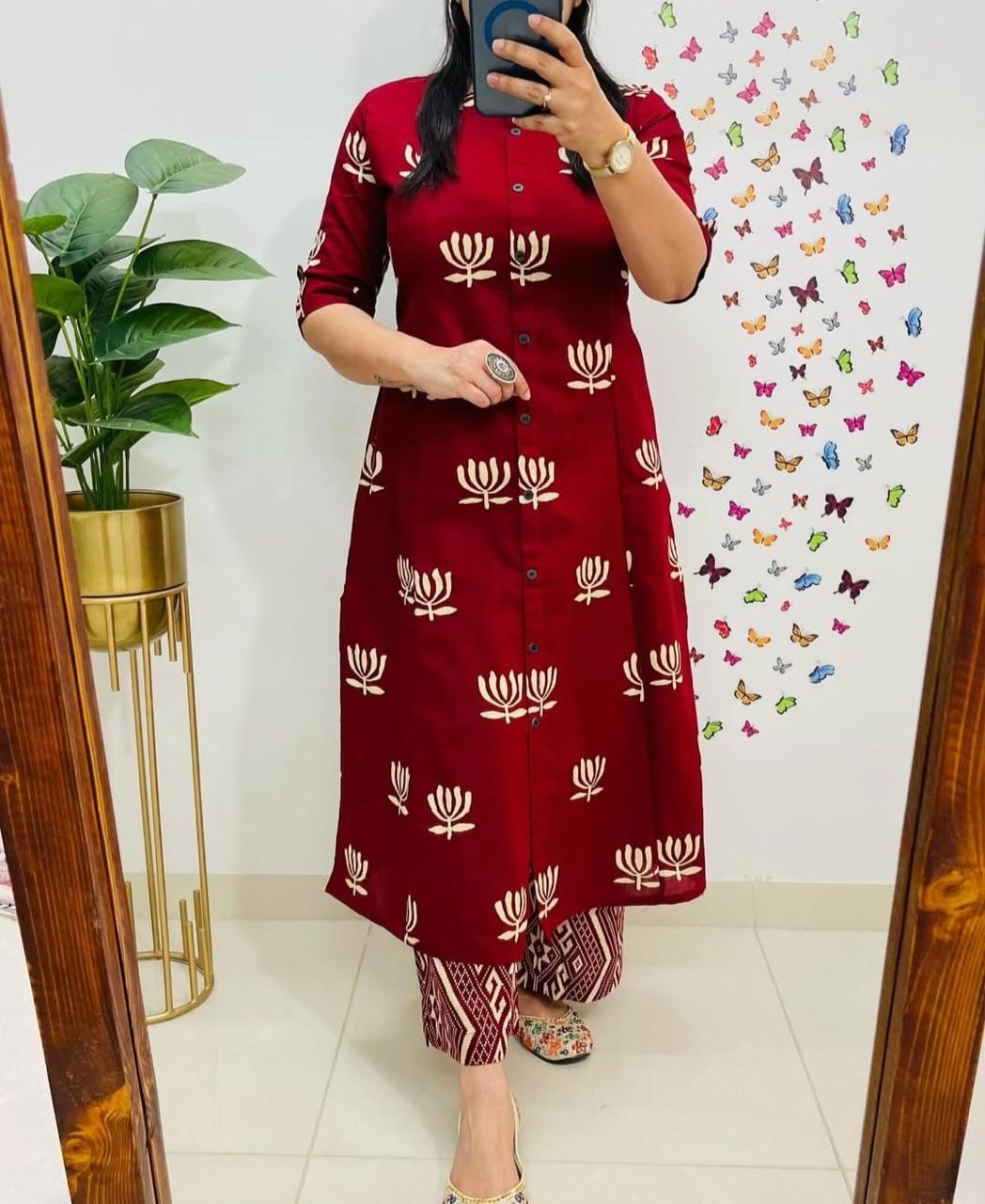 designer Co-erd set in Aline pattern paried with Ankle length pant-Meroon