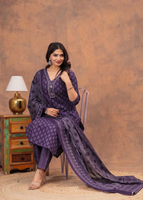 Premium Cotton Straight Kurti Set (Kurti, Pant & Dupatta) - Image 2
