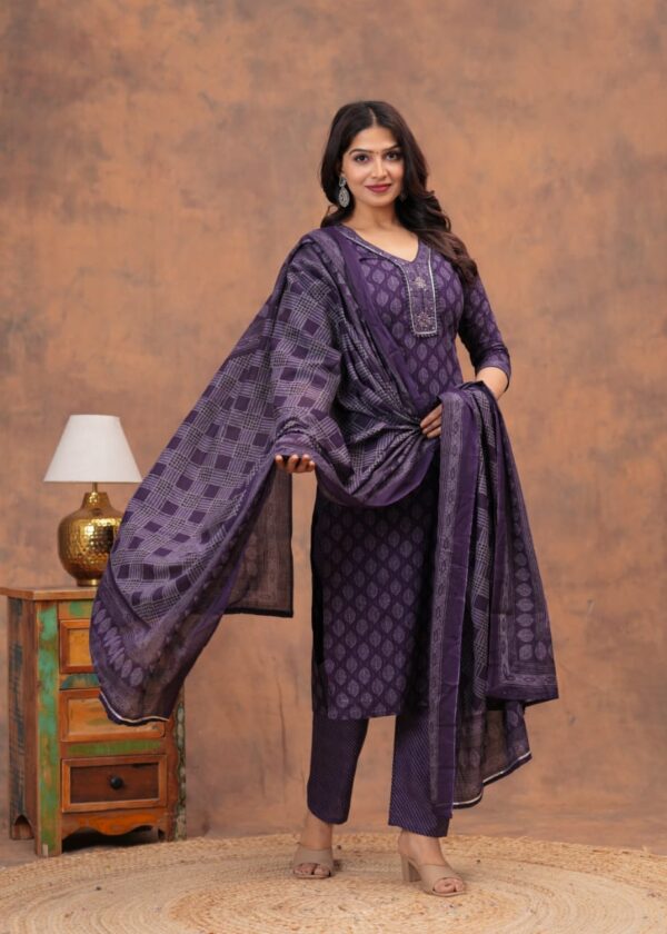 Premium Cotton Straight Kurti Set (Kurti, Pant & Dupatta) - Image 4