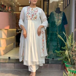 New Special Launch – Elegant White Embroidered Cotton Kurti Set