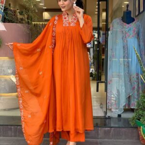 New Launch Special – Vibrant Orange Embroidered Cotton Kurti Set