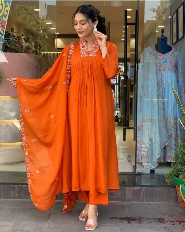 New Launch Special – Vibrant Orange Embroidered Cotton Kurti Set