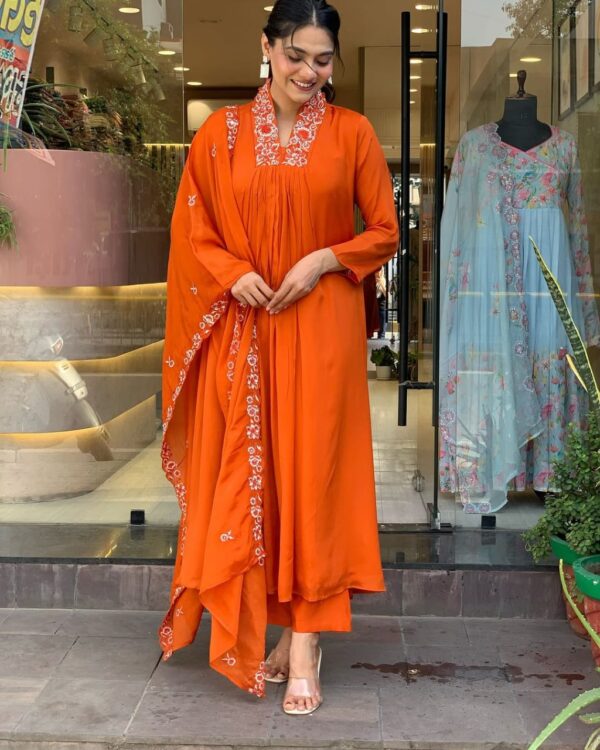 New Launch Special – Vibrant Orange Embroidered Cotton Kurti Set - Image 2