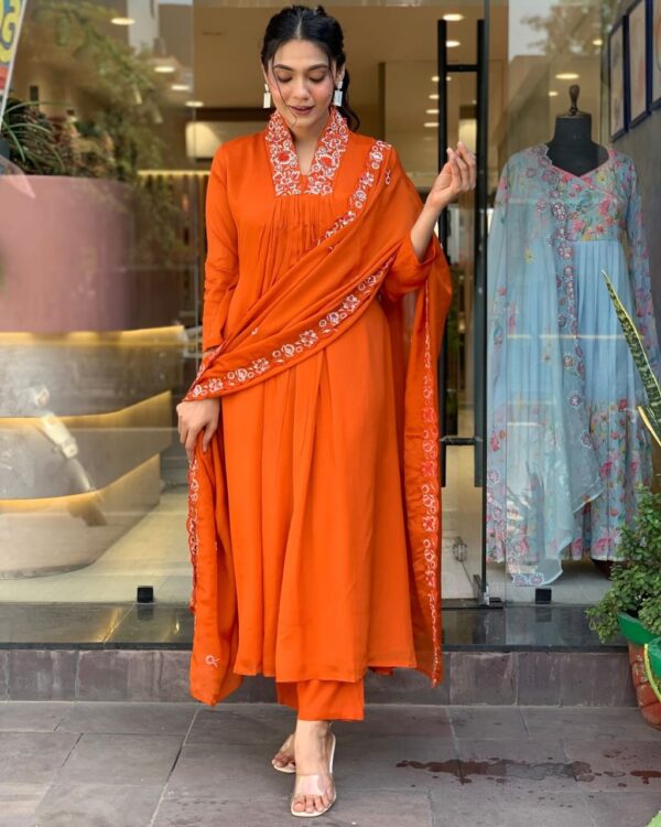 New Launch Special – Vibrant Orange Embroidered Cotton Kurti Set - Image 3