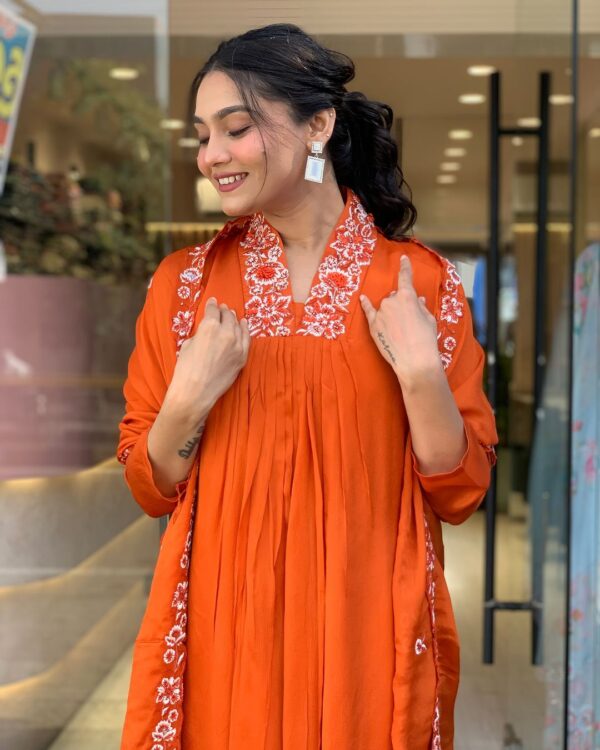 New Launch Special – Vibrant Orange Embroidered Cotton Kurti Set - Image 5