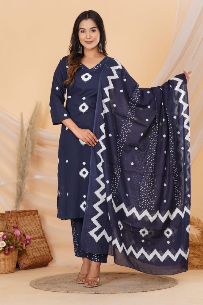 Elegant Blue Printed Cotton Suit Set